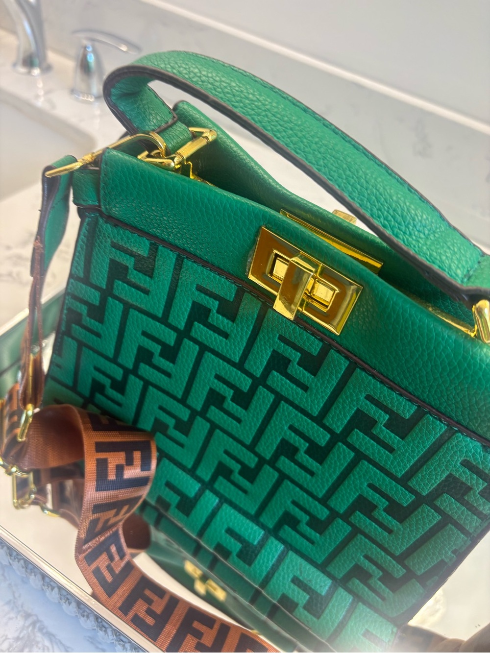 Green Top Handle Bag with Logo Jacquard
